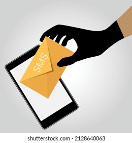 Smishing concept. Thief inserting in a cell phone a sms for fraudulent use. Alert for trap messages