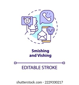 Smishing and vishing concept icon. Phone scam. Voice fraud. Social engineering trick abstract idea thin line illustration. Isolated outline drawing. Editable stroke. Arial, Myriad Pro-Bold fonts used