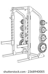 Máquina Smith. Equipo de gimnasia en la ilustración del vector de fondo blanco. Diferentes aparatos de fitness para la construcción muscular. Concepto de entrenamiento.