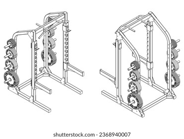 Smith machine. Gym equipment on white background vector illustration. Different fitness equipment for muscle building. Workout and training concept.
