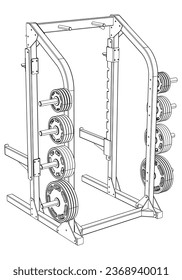 Smith machine. Gym equipment on white background vector illustration. Different fitness equipment for muscle building. Workout and training concept.