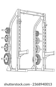 Smith machine. Gym equipment on white background vector illustration. Different fitness equipment for muscle building. Workout and training concept.