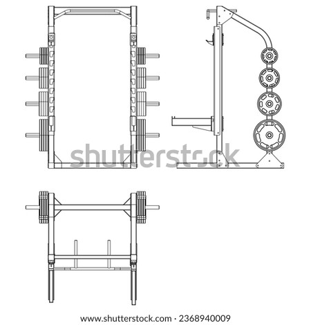Smith machine. Gym equipment on white background vector illustration. Different fitness equipment for muscle building. Workout and training concept.