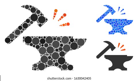 Smithy composition of filled circles in various sizes and color tinges, based on smithy icon. Vector filled circles are composed into blue collage. Dotted smithy icon in usual and blue versions.