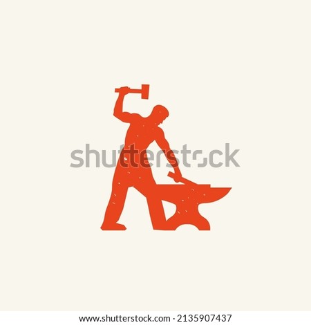 Smithy logo. Red vintage Stylized blacksmith silhouette design with grunge texture. Man working with hammer and anvil. 