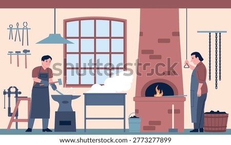 Smithy workers. Craftsmen working in forge with different professional tools and equipment. Blacksmiths forge iron, metal, steel. Traditional craft worker, recent vector scene