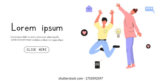 Smm banner, girl and guy rejoice from communication, likes and letters, vector illustration for promotion on social networks, advertising flyer
