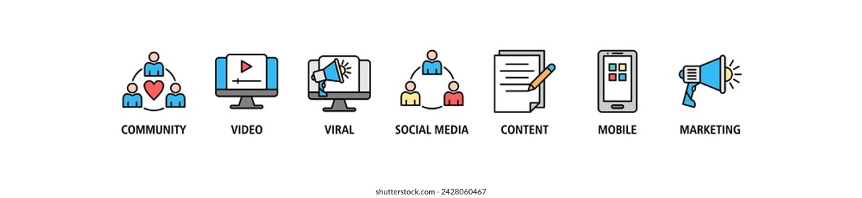 SMM banner web icon vector illustration concept of social media marketing with icon of community, video, viral, social media, content, mobile and marketing