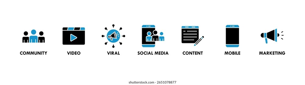 Concepto de Ilustración vectorial Video de icono de Web de Anuncio SMM de marketing de redes sociales con ícono de comunidad, viral, redes sociales, contenido, móvil e íconos de marketing
