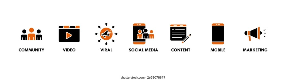 Concepto de Ilustración vectorial Video de icono de Web de Anuncio SMM de marketing de redes sociales con ícono de comunidad, viral, redes sociales, contenido, móvil e íconos de marketing