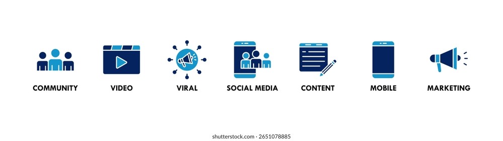 SMM banner ícone web vetor ilustração conceito de marketing de mídia social com ícone de comunidade, vídeo, viral, mídia social, conteúdo, celular e ícones de marketing