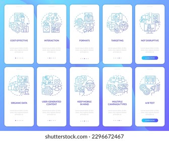 SMM benefits and tips blue gradient onboarding mobile app screens set. Walkthrough 5 steps graphic instructions with linear concepts. UI, UX, GUI template. Myriad Pro-Bold, Regular fonts used
