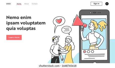 SMM blogger shouting at speaker on phone screen. Followers, post, likes, comments flat vector illustration. Social media marketing, advertising concept for banner, website design or landing web page