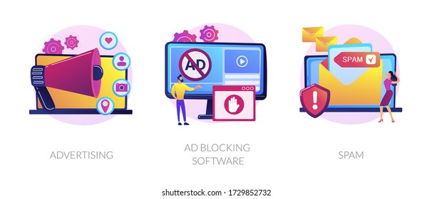 SMM business, annoying online notifications and internet newsletter protection icons set. Advertising, ad blocking software, spam metaphors. Vector isolated concept metaphor illustrations