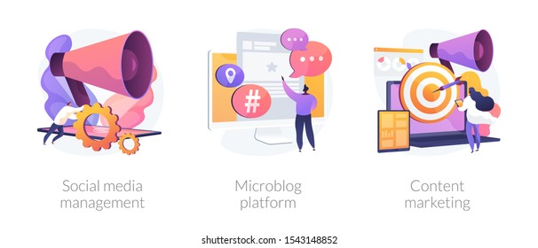 SMM business, internet blogging network, advertising strategy icons set. Social media management, microblog platform, content marketing metaphors. Vector isolated concept metaphor illustrations