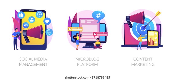 SMM business, internet blogging network, advertising strategy icons set. Social media management, microblog platform, content marketing metaphors. Vector isolated concept metaphor illustrations