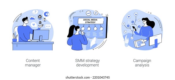 SMM business isolated cartoon vector illustrations set. Content manager working with laptop, social media promotion strategy development, influencer marketing, campaign analysis vector cartoon.