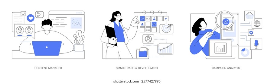 SMM business isolated cartoon vector illustrations set. Content manager working with laptop, social media promotion strategy development, influencer marketing, campaign analysis vector cartoon.