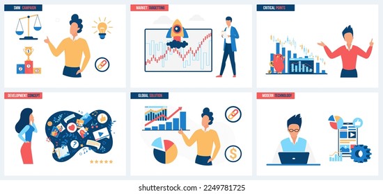 SMM campaign and targeting, social media marketing, global growth solutions, modern technology set vector illustration. Cartoon tiny people work on development and decision making, critical thinking