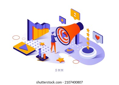 SMM concept in 3d isometric design. Online advertising, business promotion and attraction of new customers, social media marketing web template with people scene. Vector illustration for webpage