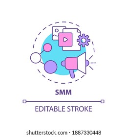 Smm concept icon. Careers in IT for creative thinkers. Product or service promotion using social media idea thin line illustration. Vector isolated outline RGB color drawing. Editable stroke