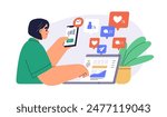 SMM concept. Social media and digital marketing professional at work. Online likes, comments and followers growth. Internet content and strategy. Flat vector illustration isolated on white background