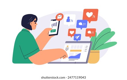 SMM concept. Social media and digital marketing professional at work. Online likes, comments and followers growth. Internet content and strategy. Flat vector illustration isolated on white background