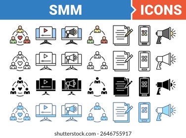 Conceito SMM de ícone de marketing de mídia social definido com coleção de vários estilos.