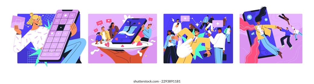 SMM concept. Social media, network marketing, online business promotion concept. Internet blog, content in mobile phone. Creative bloggers, influencers and followers. Flat vector illustrations set