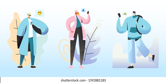Smm Concept. Young People Characters Chatting in Social Networks. Man and Women Communicating Online with Mobile Devices as Smartphones with Social Media Icons Around. Cartoon Flat Vector Illustration