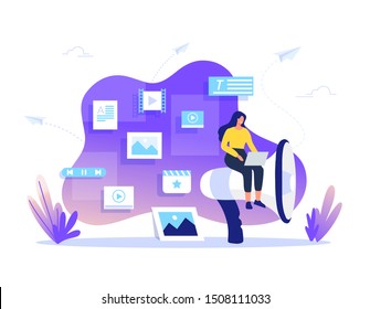 SMM, Content Management and Blogging concept in flat design. Creating, marketing and sharing of digital - vector illustration.
