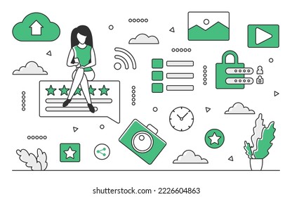 Smm content sharing. Engaging online post, audience rating, digital marketing vector monocolor illustration