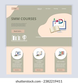 Smm courses flat landing page website template. Programmer course, copywriter course, seo course. Web banner with header, content and footer. Vector illustration.