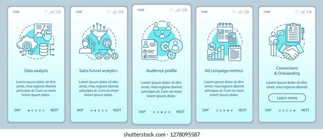 SMM-Kurse auf dem mobilen App-Bildschirm Vektorvorlage. Schritte zur Marketingkampagne auf der Website mit linearen Illustrationen. Optionen zur gezielten Werbung. UX, UI, GUI Smartphone-Interface-Konzept