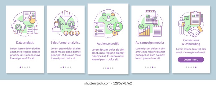 SMM courses onboarding mobile app page screen vector template. Web analytics. Marketing walkthrough website steps with linear illustrations. Ad targeting options. UX, UI, GUI smartphone interface