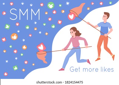 SMM, digital marketing promotion on the Internet, social networks. Man and woman catching hearts and likes by a butterfly net. Flat vector illustration for advertising services. Social media marketing