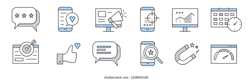 SMM doodle icons speech bubble with stars, smartphone and like button, pc with megaphone, mobile with target on screen, computer display with graph, calendar, thumb up, Line art vector signs set