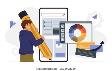 SMM filling blog. Man with huge pencil near smartphone. Content creator and talented author. Advertising and marketing on internet. Website optimization. Flat vector illustration