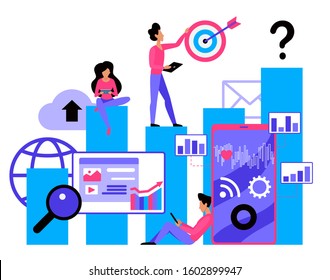 SMM flat vector illustration. Social media marketing service. Strategy planning. E-marketing company. Promotion campaign. Advertising process visualisation. Agency employees cartoon characters