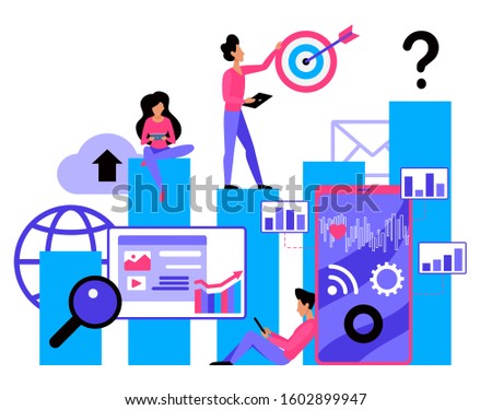 SMM flat vector illustration. Social media marketing service. Strategy planning. E-marketing company. Promotion campaign. Advertising process visualisation. Agency employees cartoon characters