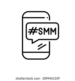 SMM hashtag message on a smartphone. Pixel perfect, editable stroke icon