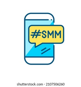 SMM hashtag message on a smartphone. Pixel perfect, editable stroke color icon