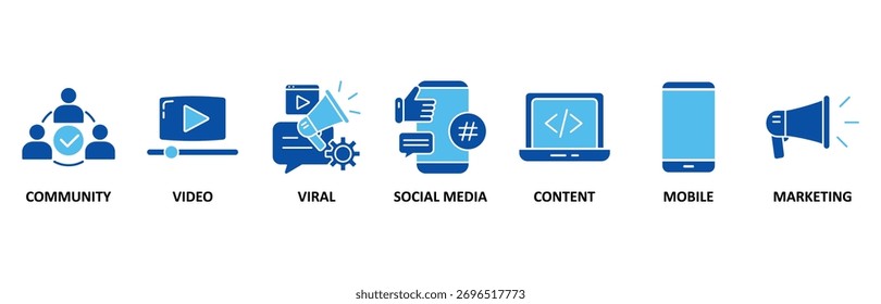 Conjunto de iconos de SMM en estilo azul, Ilustración vectorial Video para marketing de redes sociales con ícono de comunidad, viral, redes sociales, contenido, móvil y marketing