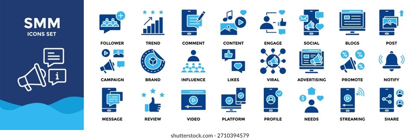 SMM icon set collection. pack contain content, post, share, trend, viral, comment, likes, follower, story, engage icon