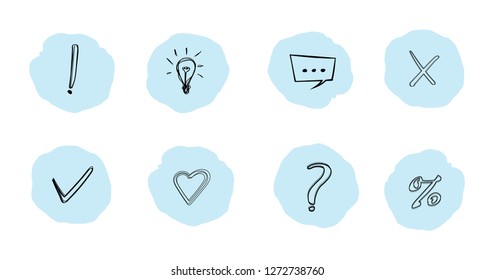 SMM icon set. Collection of vector icons: check mark, list, question mark, heart, reviews, idea, discount, cross, percent, sale. Web. Hand drawn icons for social networks