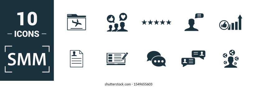 Smm icon set. Include creative elements content, copywriting, user information, budget planning, tops and ratings icons. Can be used for report, presentation, diagram, web design.