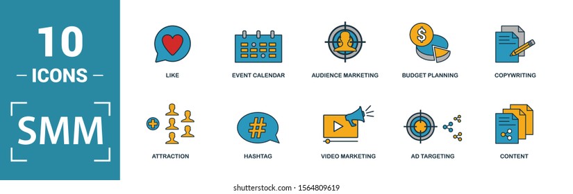 Smm icon set. Include creative elements content, copywriting, user information, budget planning, tops and ratings icons. Can be used for report, presentation, diagram, web design.