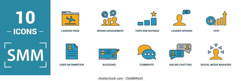 Smm icon set. Include creative elements content, copywriting, user information, budget planning, tops and ratings icons. Can be used for report, presentation, diagram, web design.