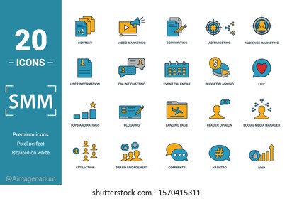 Smm icon set. Include creative elements content, copywriting, user information, budget planning, tops and ratings icons. Can be used for report, presentation, diagram, web design.