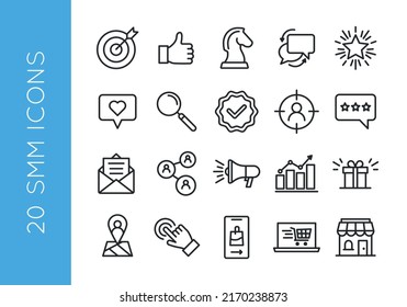 SMM icons. Set of 20 trendy minimal icons for social media marketing. Like button, speech bubbles, push buttons, notification icons. Vector illustration